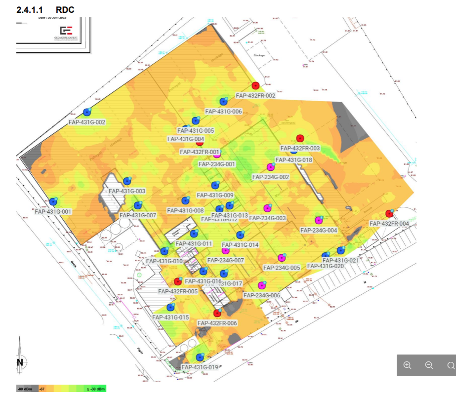 Étude Wi-Fi réalisée en amont avec puissance signal en dBm