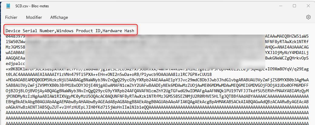 Fichier CSV généré pour l'enrollment d'un PC via Autopilot sur Intune