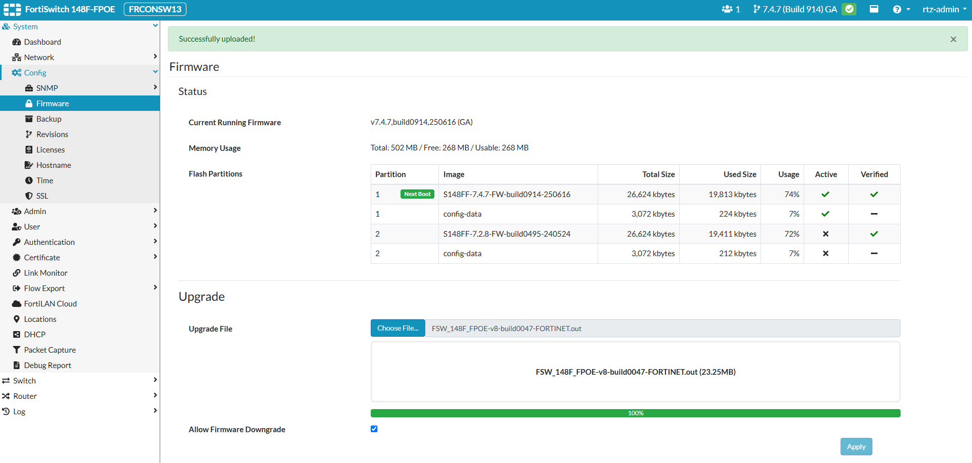Transfert de firmware via TFTP en GUI (FortiSwitch)